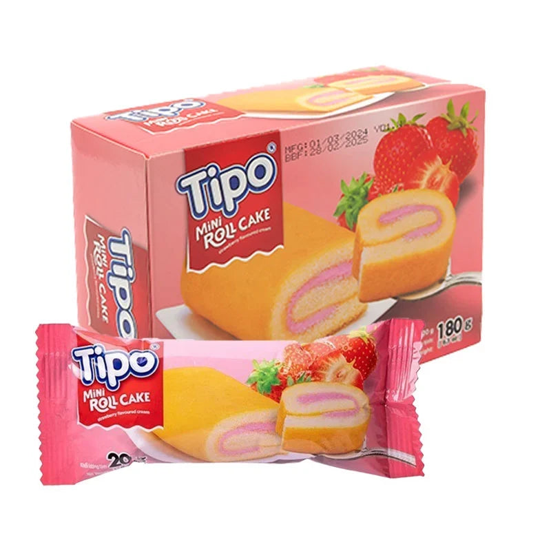 Tipo Mini Roll Cake Strawberry 20g, dry grocery snack with a small, individually wrapped strawberry-flavored mini cake.