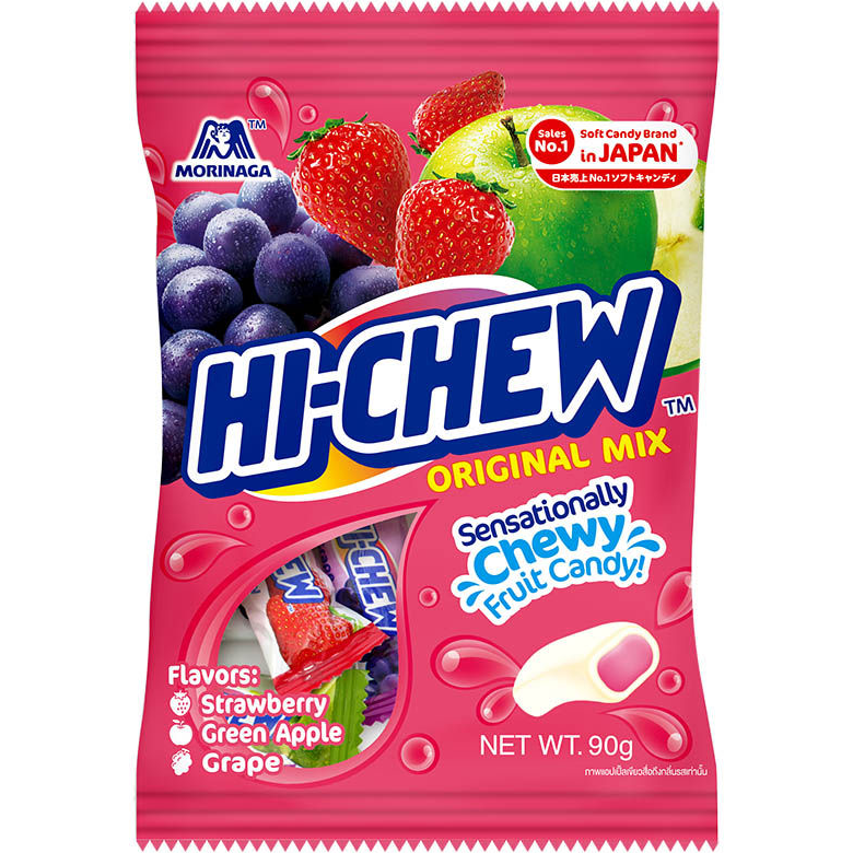 Morinaga Hi Chew Original Mix confectionery snacks in colorful packaging, showcasing assorted fruity chewy candies.