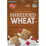 Post Shredded Wheat Wheat 'N Bran cereal in a bowl with milk, showcasing the crispy shredded wheat and bran flakes.
