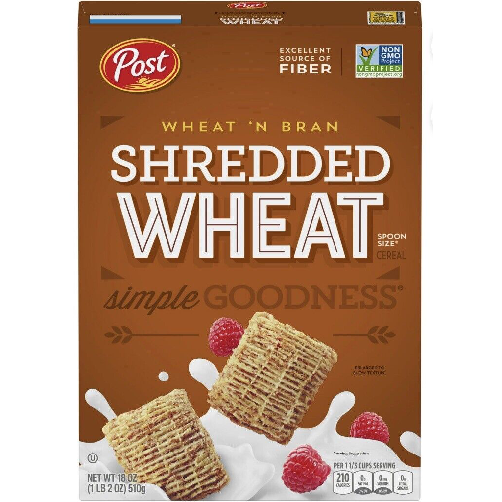 Post Shredded Wheat Wheat 'N Bran cereal in a bowl with milk, showcasing the crispy shredded wheat and bran flakes.