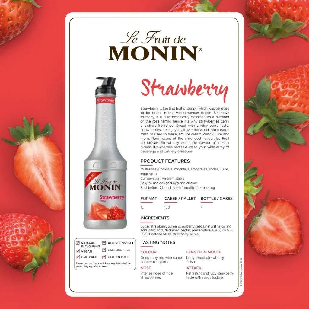 Monin Strawberry Fruitmix 1000ml bottle of dry grocery syrup with fresh strawberry flavor for beverages and recipes