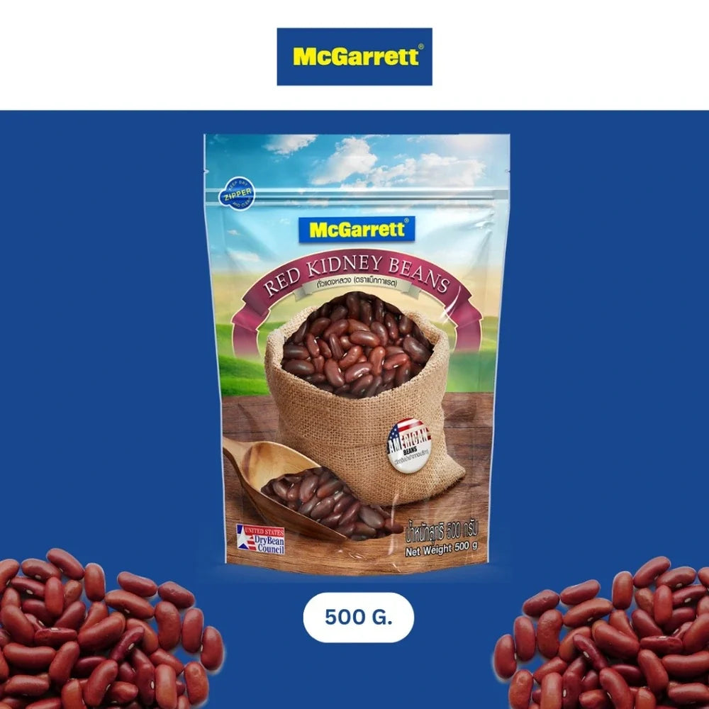 Mcgarrett dried red beans in 500g package, close-up of the red legume showing its vibrant color and dry texture.