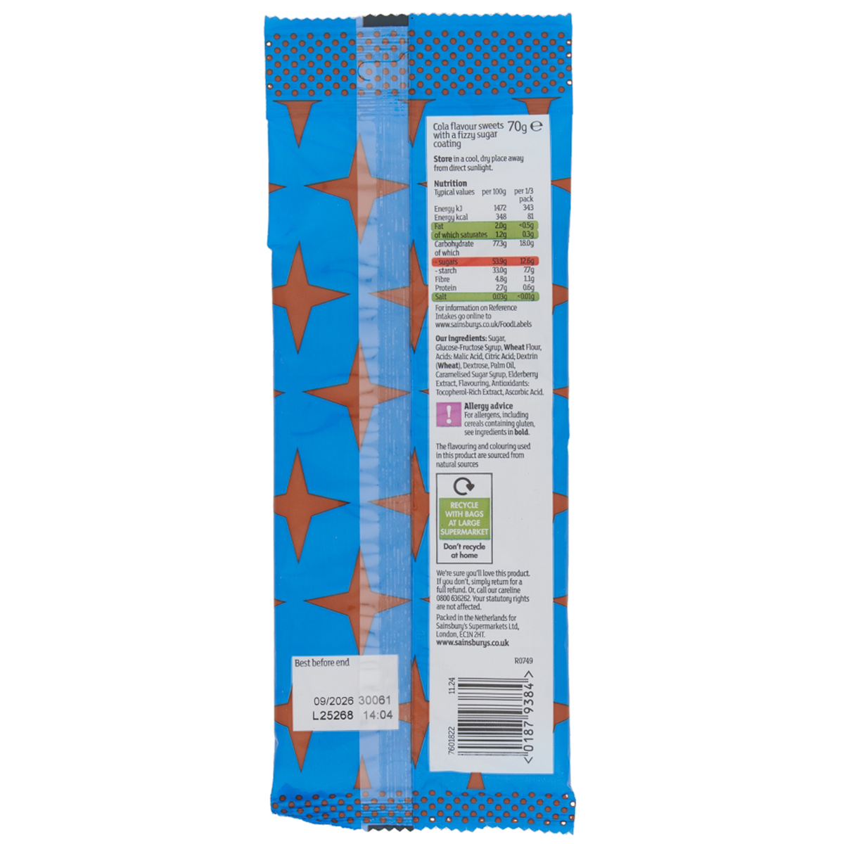 Sainsbury's Fizzy Cola Straw Sweets in a clear bag, colorful candy straws with fizzy cola flavor, perfect for confectionery snacks.