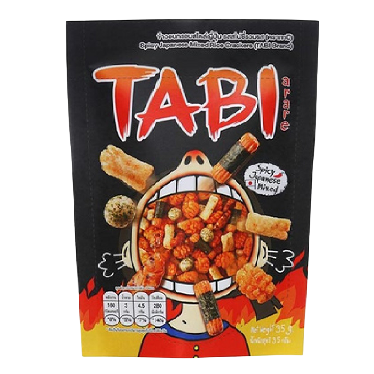 Spicy Japanese mix snack from Tabi Arare, featuring crunchy rice crackers and seasoned rice snack pieces in a colorful mix.
