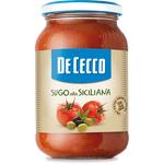 De Cecco Sugo Alla Siciliana jar with rich tomato, eggplant, and herbs sauce for pasta, in a glass jar with a label.