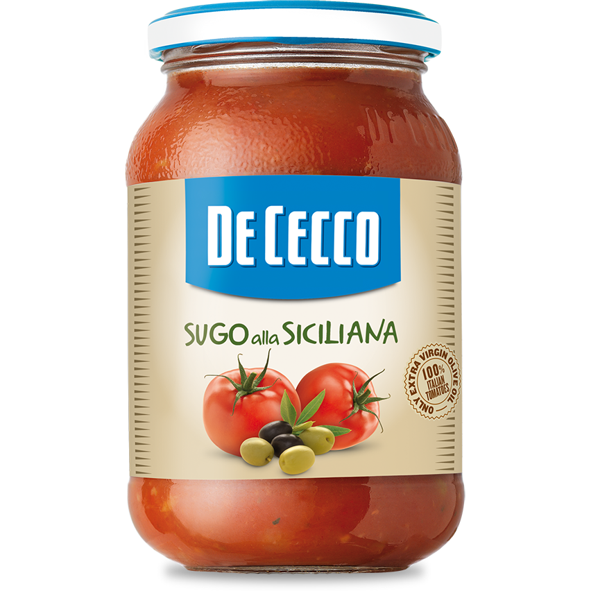 De Cecco Sugo Alla Siciliana jar with rich tomato, eggplant, and herbs sauce for pasta, in a glass jar with a label.