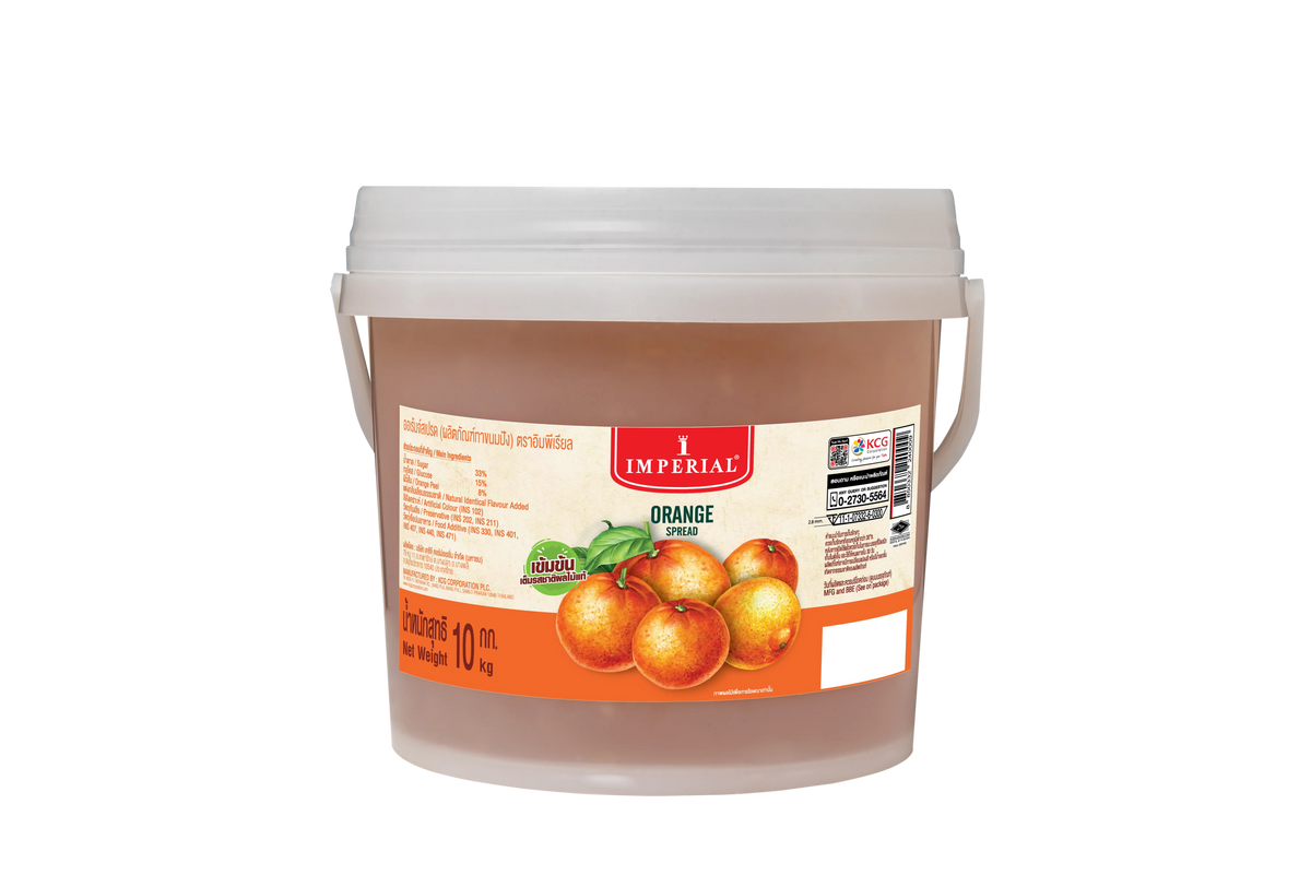 Imperial Orange Jam 10kg jar, dry grocery product, showing the label with vibrant orange imagery and brand name IMPERIAL.