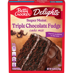 Betty Crocker Triple Chocolate Fudge Cake Mix box with chocolate cake ingredients and baking instructions.