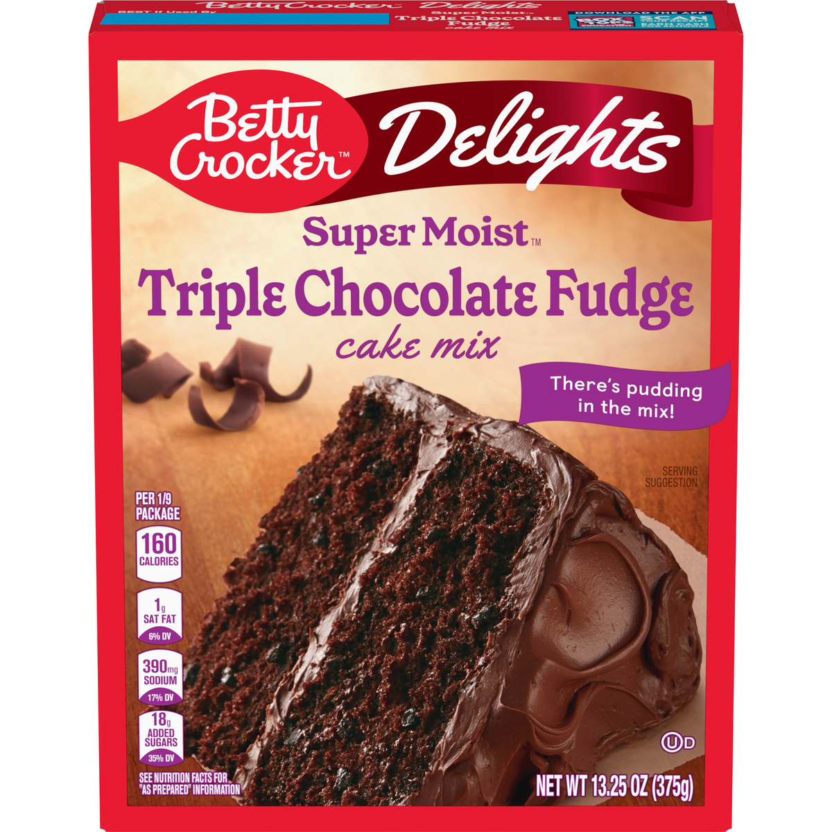 Betty Crocker Triple Chocolate Fudge Cake Mix box with chocolate cake ingredients and baking instructions.
