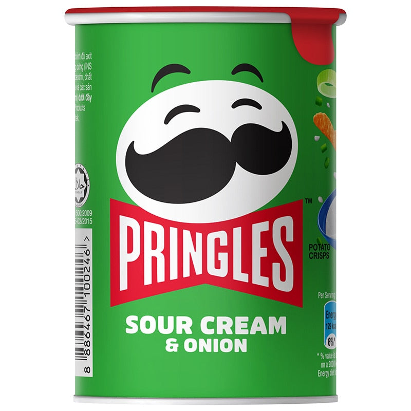 Pringles Sour Cream crisps in a bowl, showcasing the iconic potato chips with sour cream flavor, in a colorful snack package.