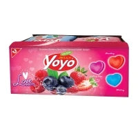 YO Love Berry Gelatin Jelly heat shape, 18g snack from YO YO brand, colorful dry grocery confectionery, served in a clear container