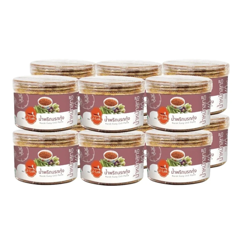 J-LEK Jae Lek Shrimp Chili Paste in 40g plastic jar, dry grocery product with vibrant red chili and shrimp ingredients.