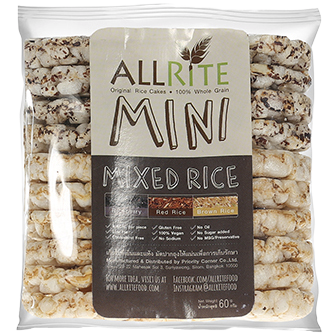 Allrite Organic Mini Rice Cakes in a bakery setting, showing crispy, round rice cakes with a golden-brown texture.