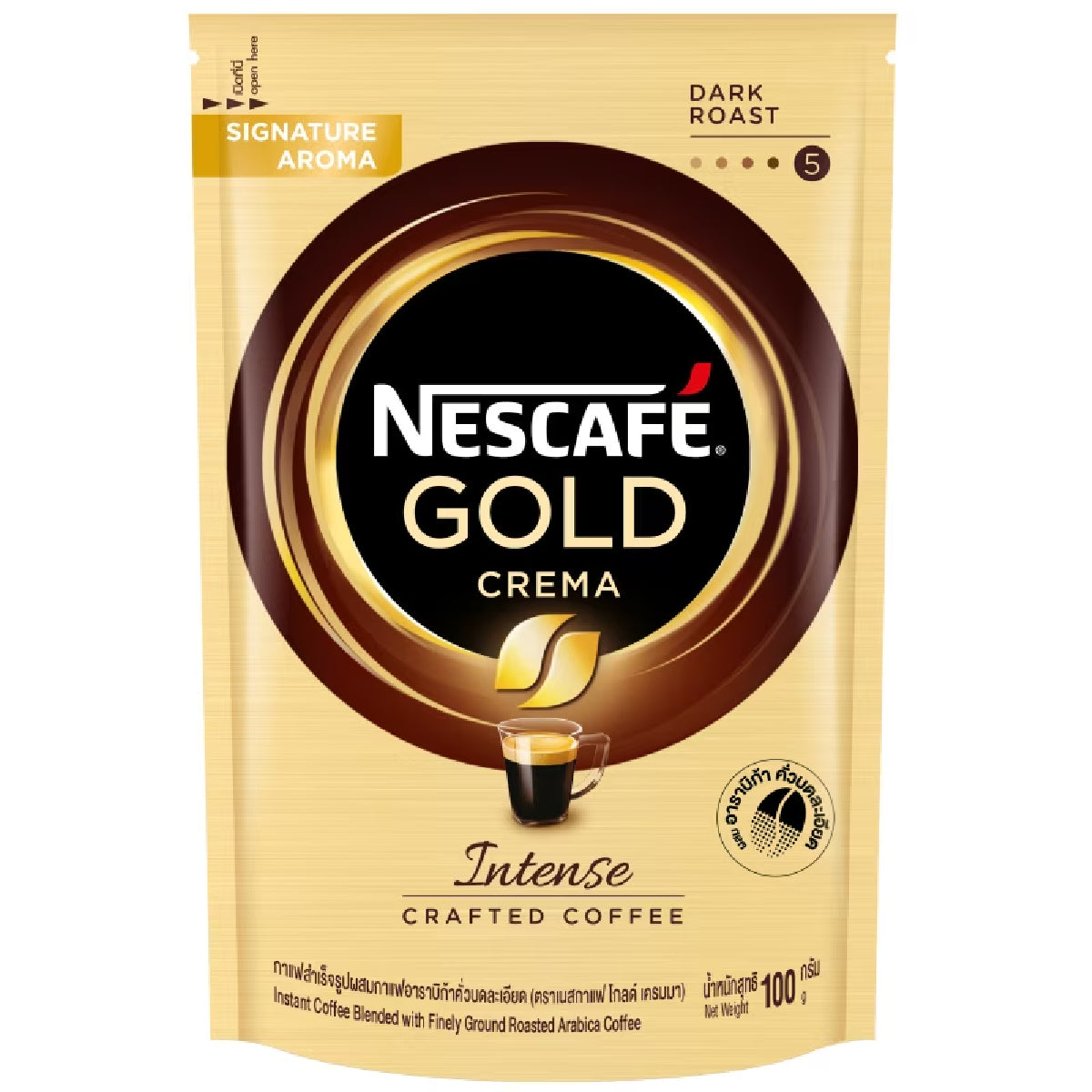 Nescafe Gold Crema instant coffee drink in a glass mug, showcasing a rich, frothy coffee beverage with a creamy top.