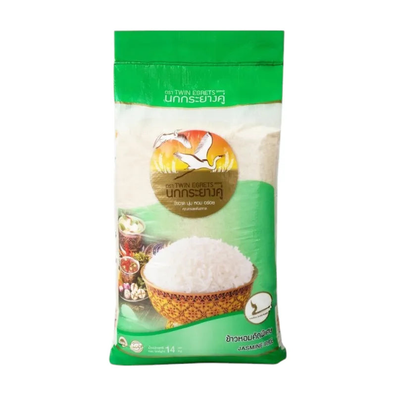 Nokkrayangkoo Double Egret Jasmine Rice green sack, dry grocery product with bright packaging and images of jasmine rice grains.