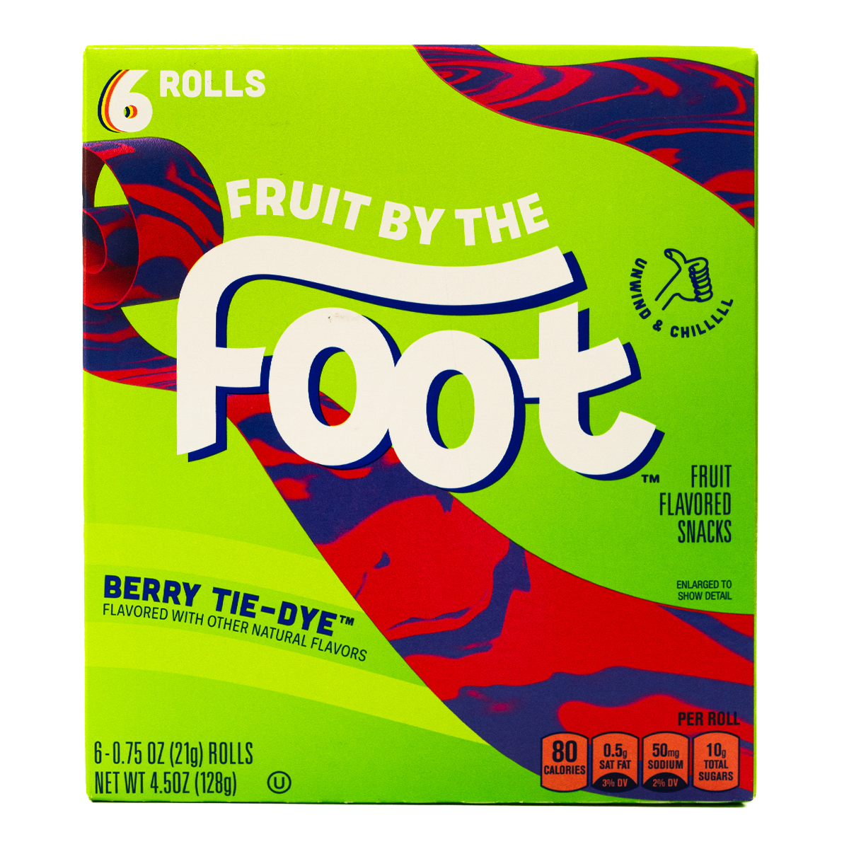 Fruit by the Foot Berry Tie Dye fruit snacks, 6 rolls of colorful confectionery snacks with berry flavor and tie dye design.