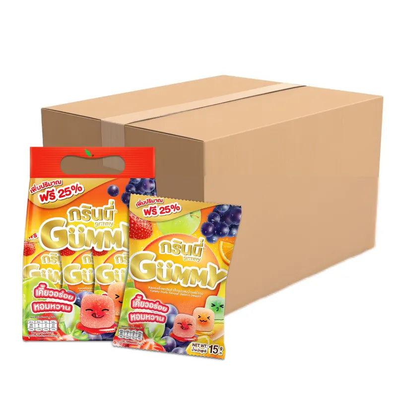 Grinny Variety Fruits Flavour Gelatin Dessert 15g x12 packs, colorful dry snack with fruit flavors, perfect for desserts and snacks.