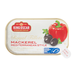 Canned King Oscar Mackerel Mediterranean in olive oil, packed in a white can with a vibrant label, ready for use in recipes or meals.