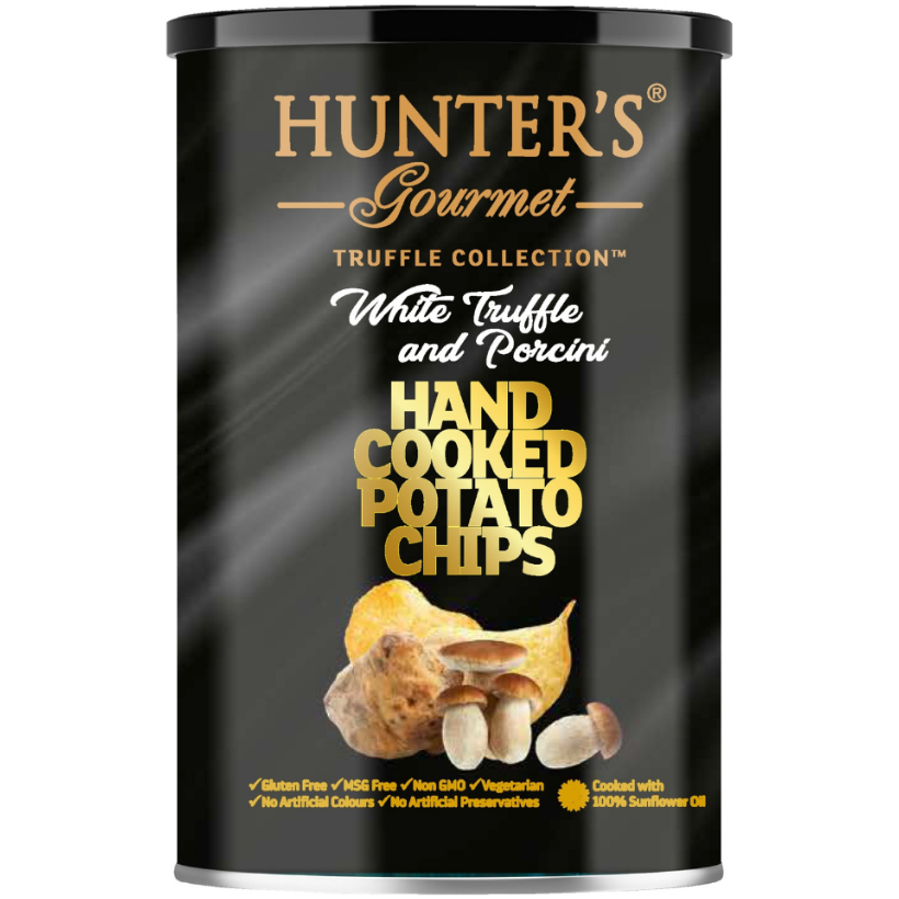 Hunter's Potato Chips with white truffle and porcini, savory confectionery snack, crispy and seasoned with gourmet truffle and mushroom flavors.