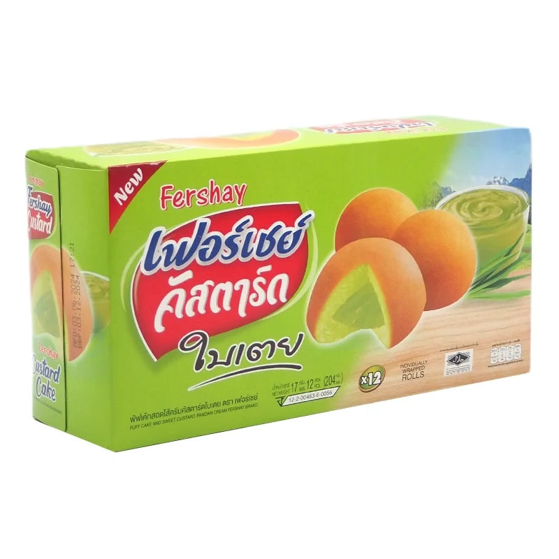 Fershay Cake Pandan 17g dry grocery product, small package of pandan-flavored cake snack in clear packaging.