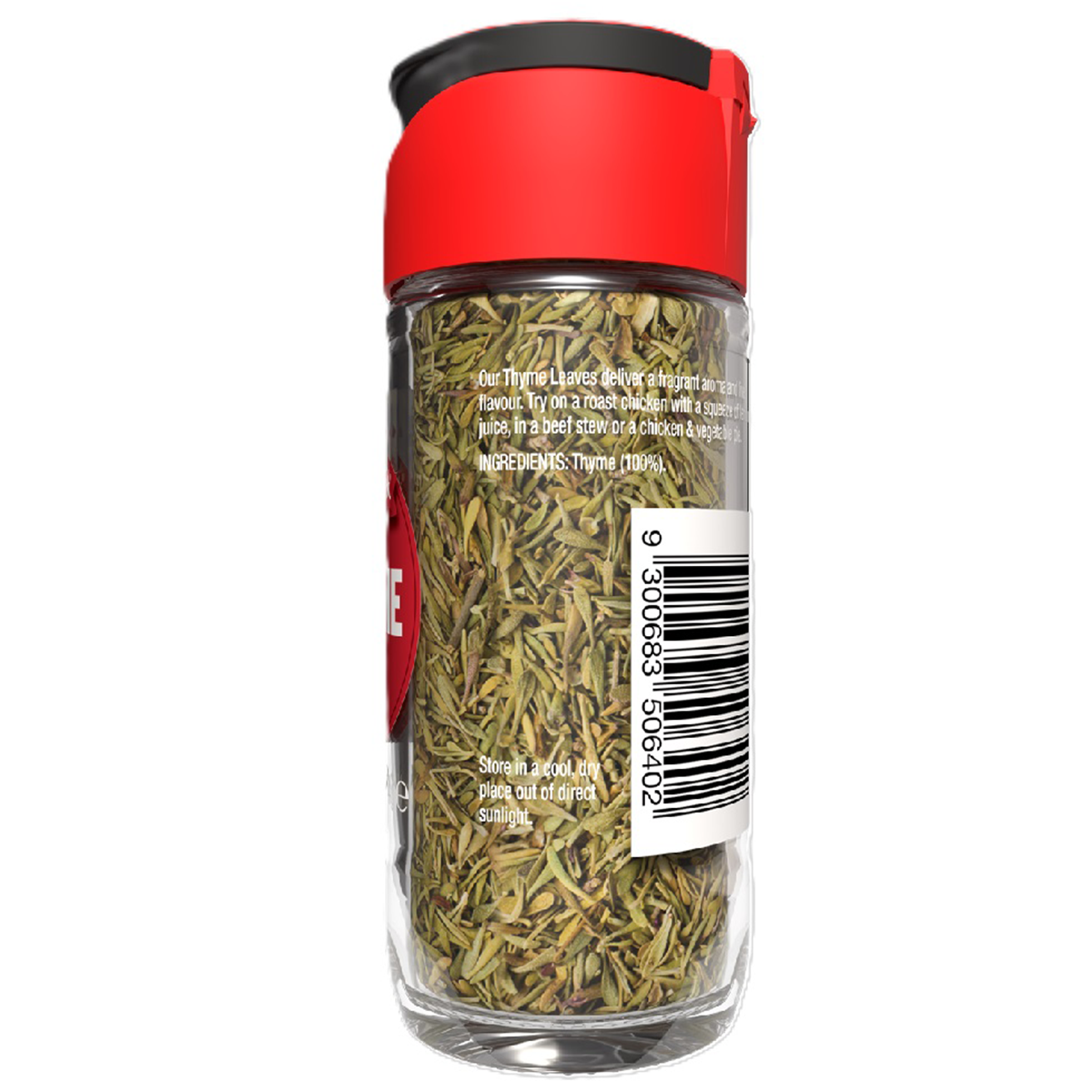 Dried McCormick thyme leaves in a glass jar, fresh aromatic herb for cooking and seasoning in grocery kitchen use.