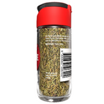 Dried McCormick thyme leaves in a glass jar, fresh aromatic herb for cooking and seasoning in grocery kitchen use.