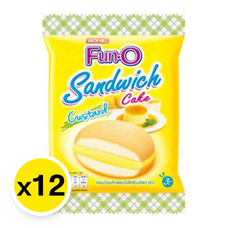 Fun-o Sandwich Cake Custard snack pack with 12 individually wrapped 13g pieces, perfect for quick treats and snack time.