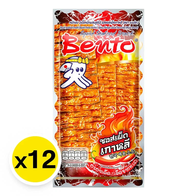 BENTO Bento Squid Seafood Snack with Korean spicy sauce, 4g, dry grocery snack, savory and spicy seafood flavor.