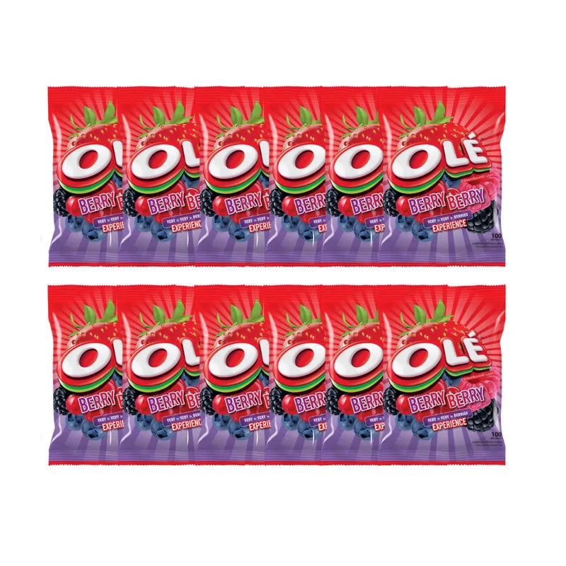 OLE Berry snack confectionery box with 12 packs of OLE Berry 100 tabs, colorful berry-flavored candies in a clear package