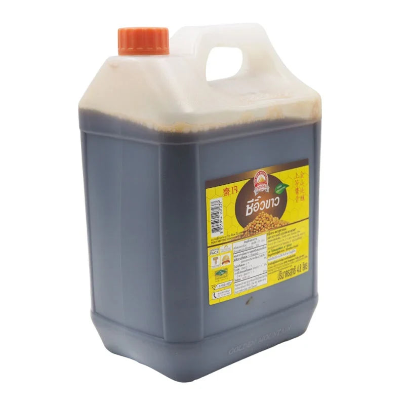 Golden Mountain Soy Sauce 4.8L bottle from GOLDEN MOUNTAIN, showcasing the large dry grocery soy sauce container with a label.