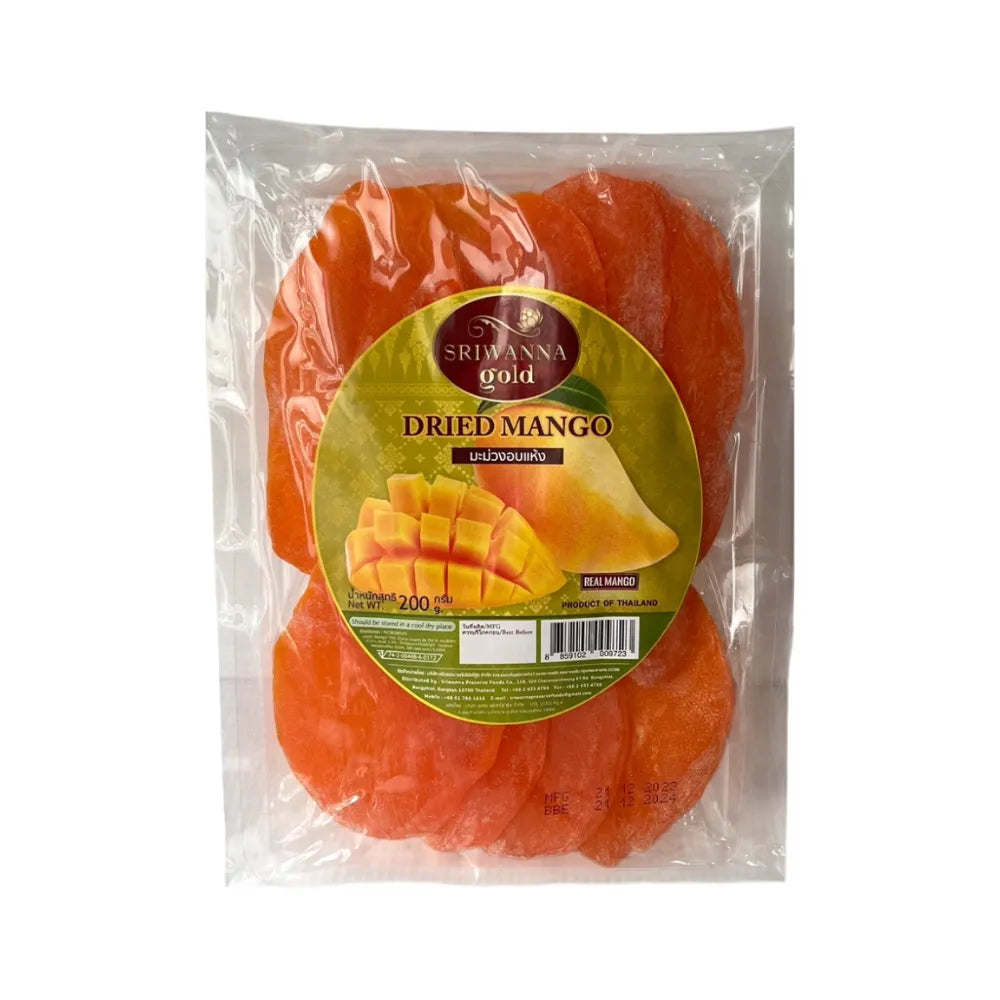 Sriwanna soft dried mango slices in a 200g package, showcasing golden, chewy dried mango fruit from Sriwanna dry grocery brand.
