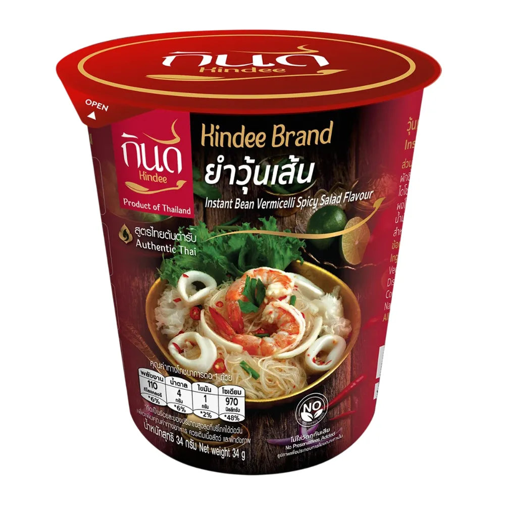 Kindee Glass Noodle Salad Cup 34g, dry grocery product featuring transparent glass noodles in a clear cup, ready for use.