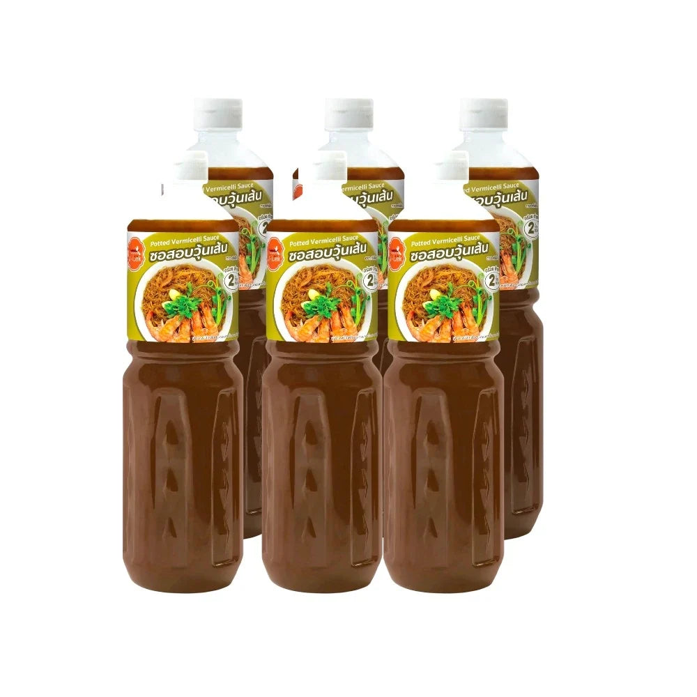 J-lek Potted Vermicelli Sauce Bottles 560g x6, dry grocery product with six bottles of vermicelli sauce in pots.