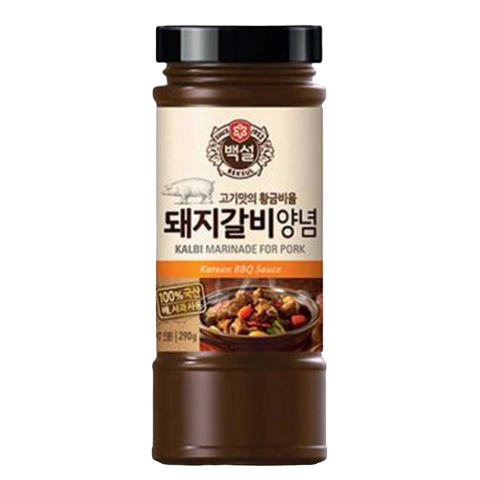 Cj Pork Kalbi BBQ Sauce bottle, savory Korean-style sauce for grilling and marinating pork, grocery product from Cj brand