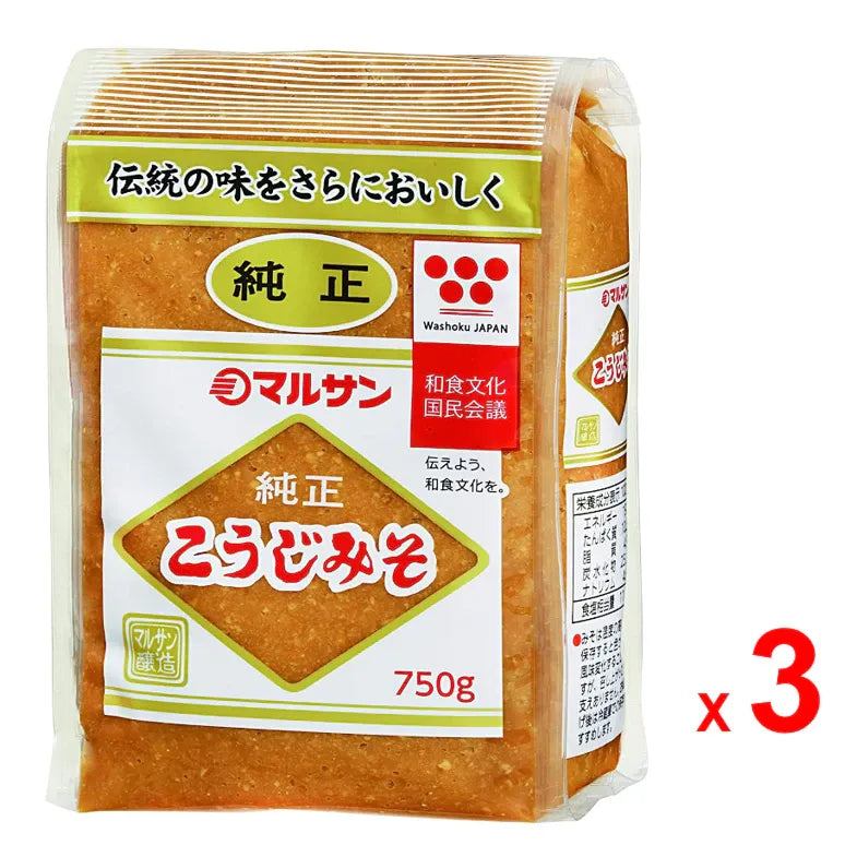 Marusan-ai Jyunsei Koji Miso made with soybeans in a dry grocery package, showcasing the traditional Japanese miso product.