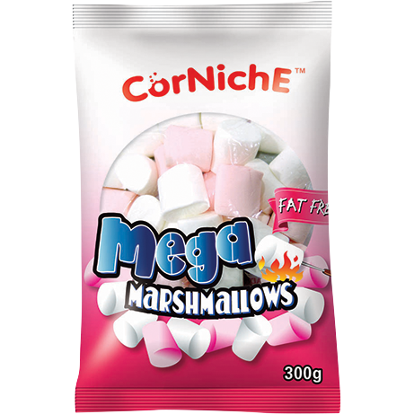 Corniche Mega Marshmallows, soft and fluffy confectionery snacks in a bright package.