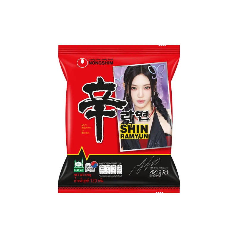 Nongshim Shin Ramyun dry noodle pack with spicy seasoning, featuring vibrant red packaging and steaming noodles inside.