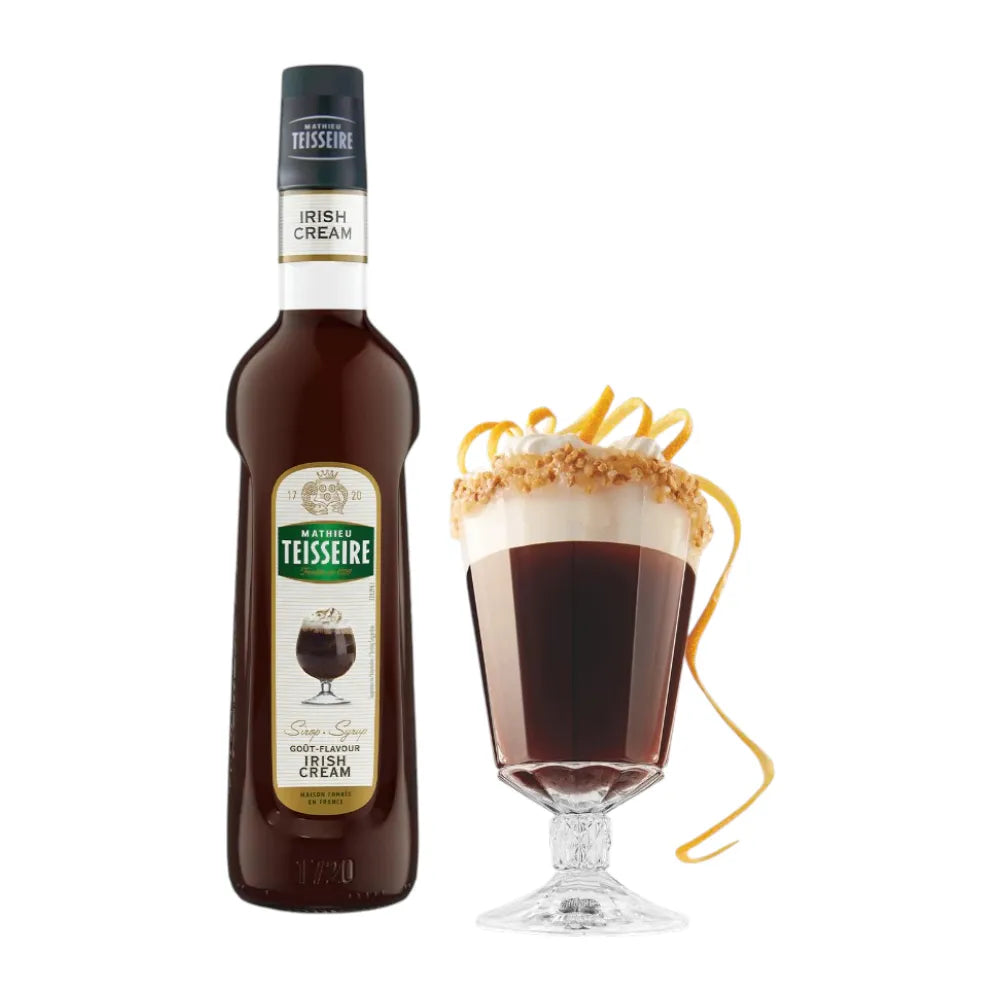 Mathieu Teisseire Irish Cream syrup bottle, 700ml, in clear container with label, ideal for adding flavor to drinks and desserts.