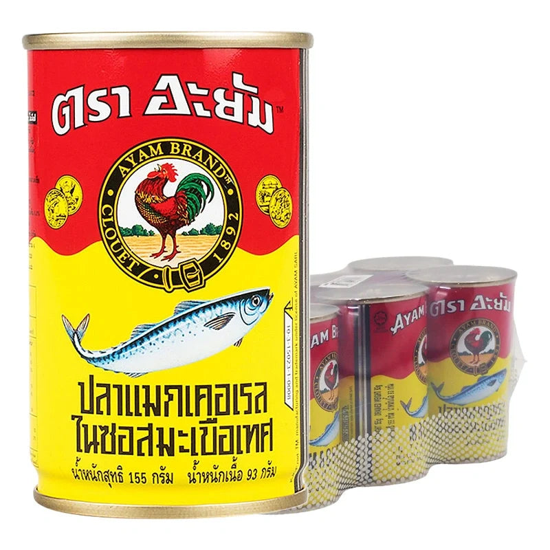 Canned Ayam Mackerel in Tomato Sauce, 155g, stacked in a six-pack, featuring fish fillets in rich tomato sauce.