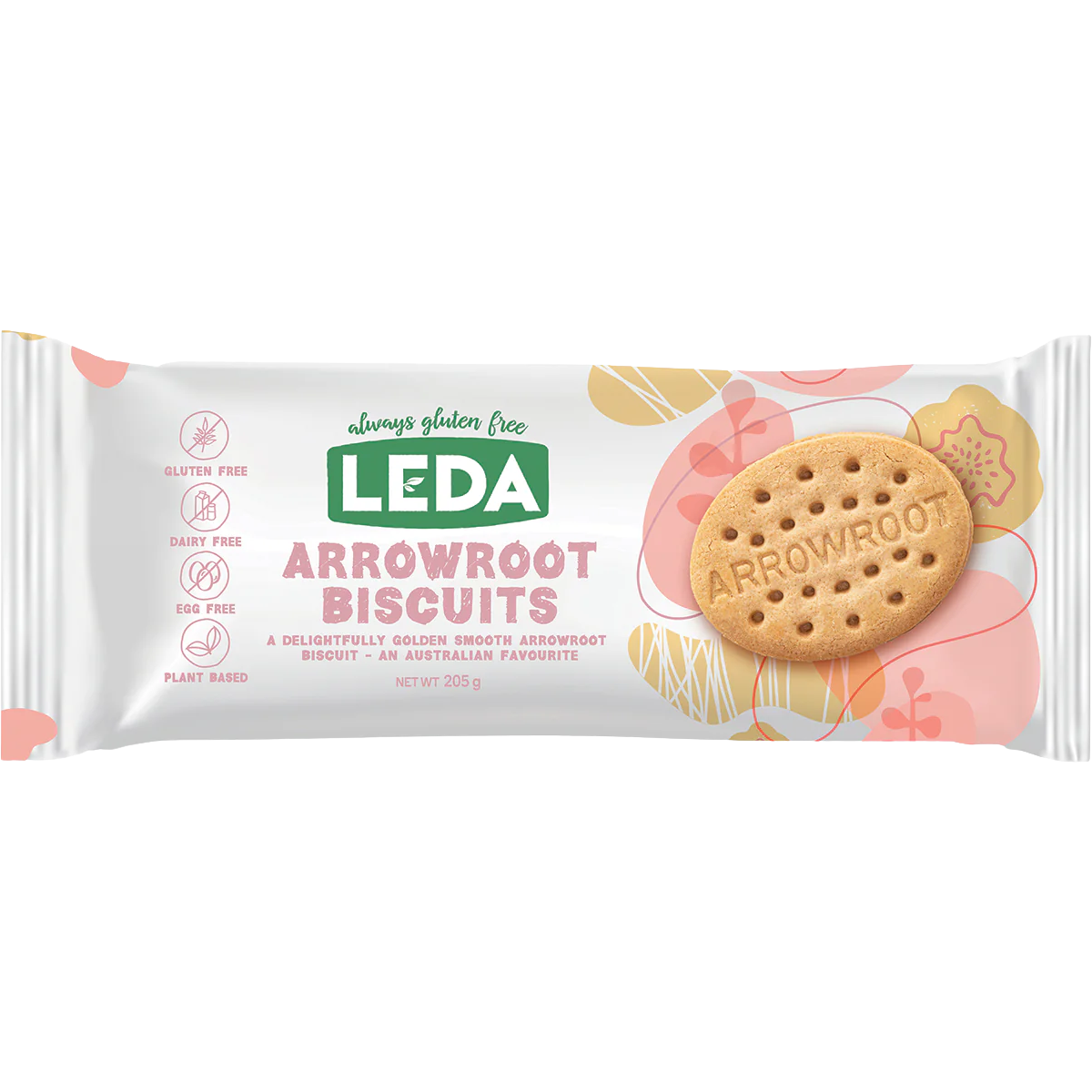 Leda Arrowroot Biscuits gluten-free confectionery snacks with golden-brown, round biscuits on a white background