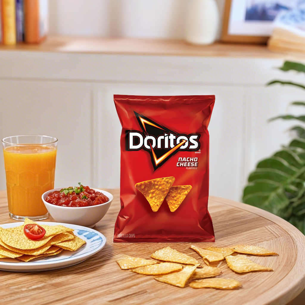 Golden Doritos Nacho Tortilla Chips in a bowl, crispy snack for connoisseurs of Doritos brand snack foods.