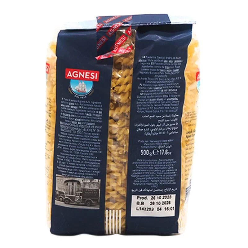 Agnesi Eliche No.56 dry pasta in 500g package, featuring twisted shape, from AGNESI brand, suitable for various pasta dishes.