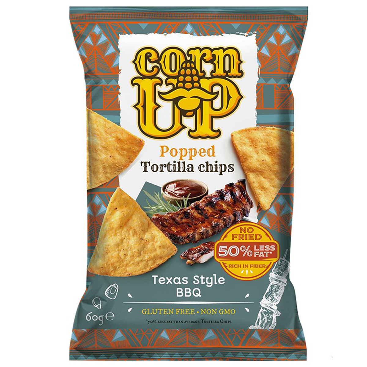 Corn Up Texas BBQ Corn Up Tortilla Chips, crunchy snack with smoky barbecue flavor, shown in a bag against a white background.
