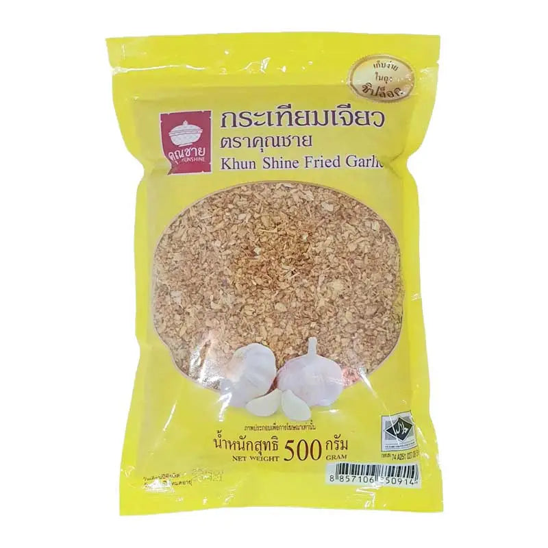 Khunshine Fried Garlic 500g jar, dry grocery product with crispy, golden fried garlic pieces in a clear container