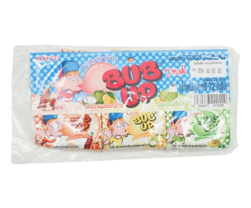 Lotte Bubup Bubble Gum Drink 3g sachet, dry snack from Lotte, colorful packaging with bubble gum flavor illustration.