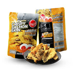 O-YUA Crispy Salmon Skin Snacks with Salted Egg Flavor, 20g box, showing crispy salmon skin pieces in package.