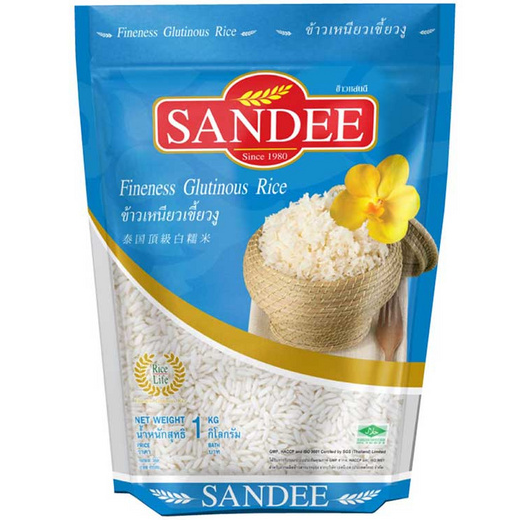 Sandee Rice Premium Glutinous rice grains in a clear bag, showcasing their sticky and translucent appearance for cooking.