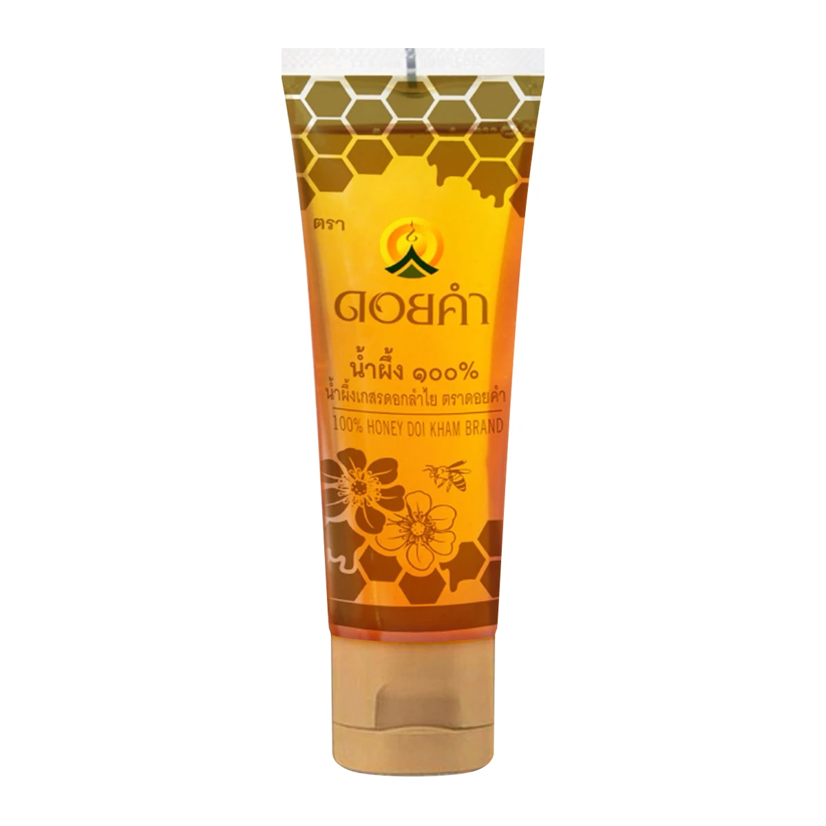 Jar of Doikham Honey 100% pure honey from the grocery brand Doikham with a clear label and golden honey inside.