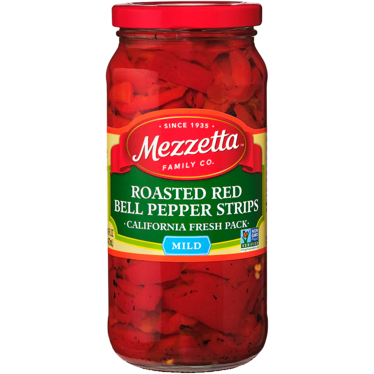 Sliced sweet bell peppers in a clear container, branded Mezzetta Deli Roasted Sweet Bell Peppers, ready for sandwiches or salads.