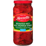 Sliced sweet bell peppers in a clear container, branded Mezzetta Deli Roasted Sweet Bell Peppers, ready for sandwiches or salads.